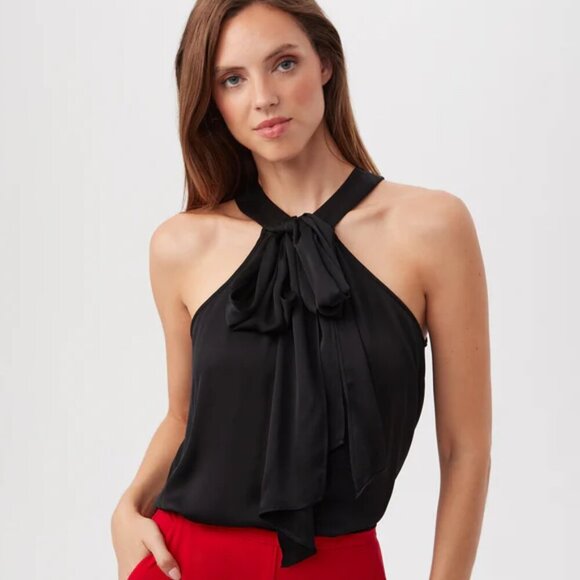 Trina Turk 'Mallie' Sleeveless Silk-Satin Bow Halter Top, Black - Picture 1 of 3